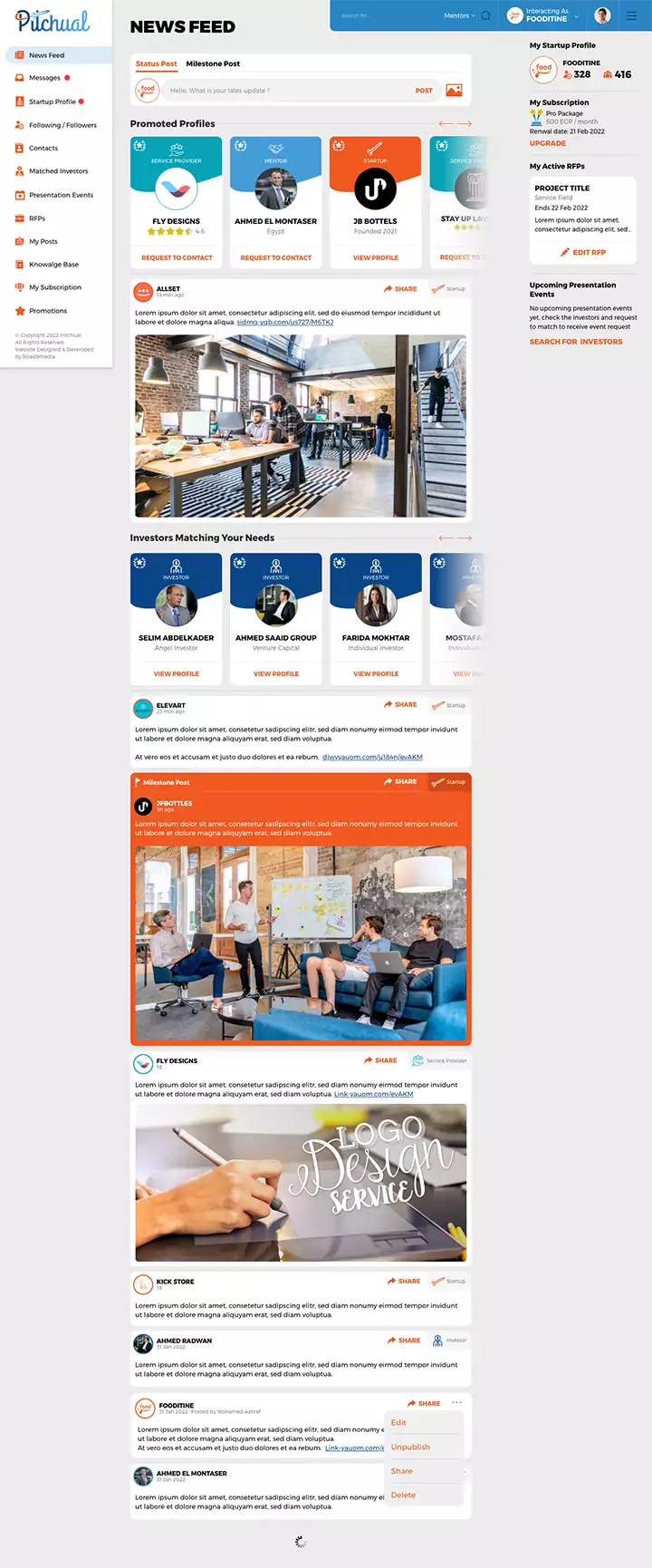 Pitchual startups connection platform UX design